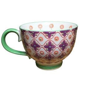 Pier 1 Multicolor Patterned Ceramic Teacup with Green Handle